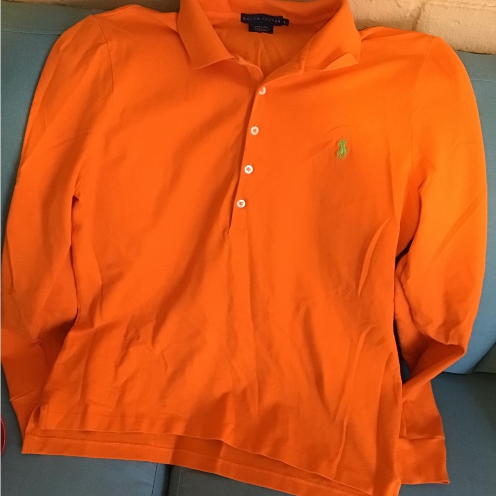 POLO RALPH LAUREN FEATHERWEIGHT MESH UNISEX ORANGE LONG SLEEVE POLO SHIRT (XL)